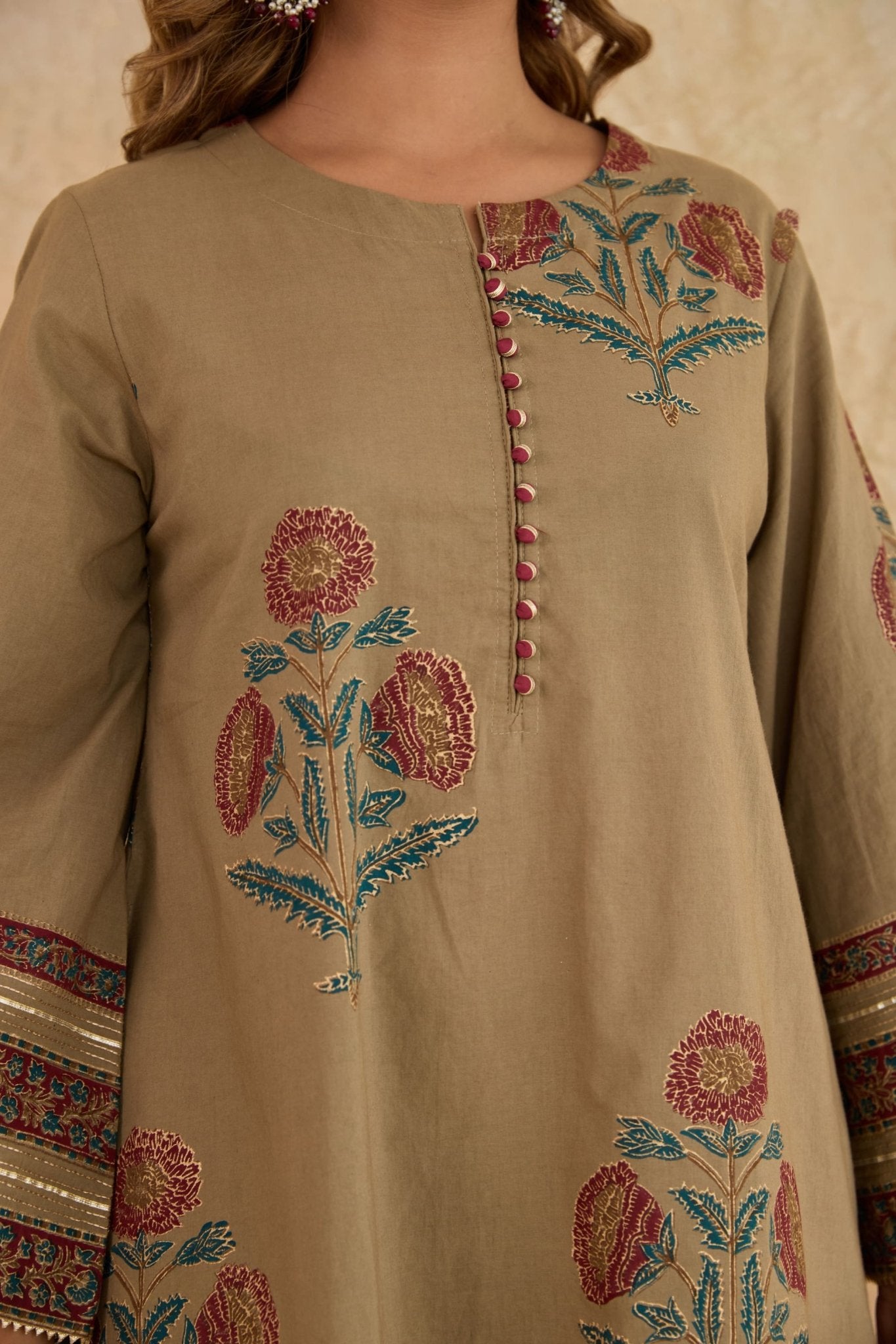 Khaki Floral Print Cotton Farsi Salwar Co-ord Set - Tara-C-Tara