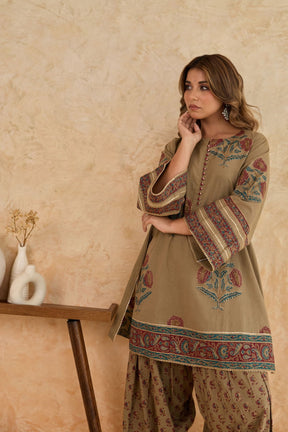 Khaki Floral Print Cotton Farsi Salwar Co-ord Set - Tara-C-Tara