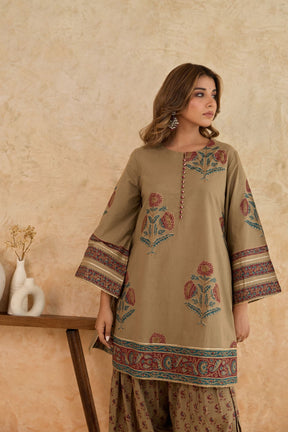 Khaki Floral Print Cotton Farsi Salwar Co-ord Set - Tara-C-Tara