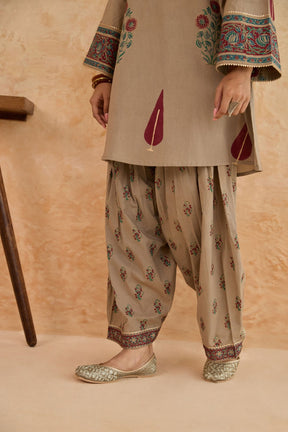 Khaki Leaf Print Cotton Farsi Salwar Co-ord Set - Tara-C-Tara