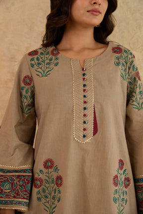 Khaki Leaf Print Cotton Farsi Salwar Co-ord Set - Tara-C-Tara