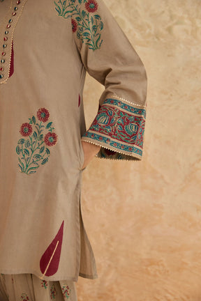 Khaki Leaf Print Cotton Farsi Salwar Co-ord Set - Tara-C-Tara