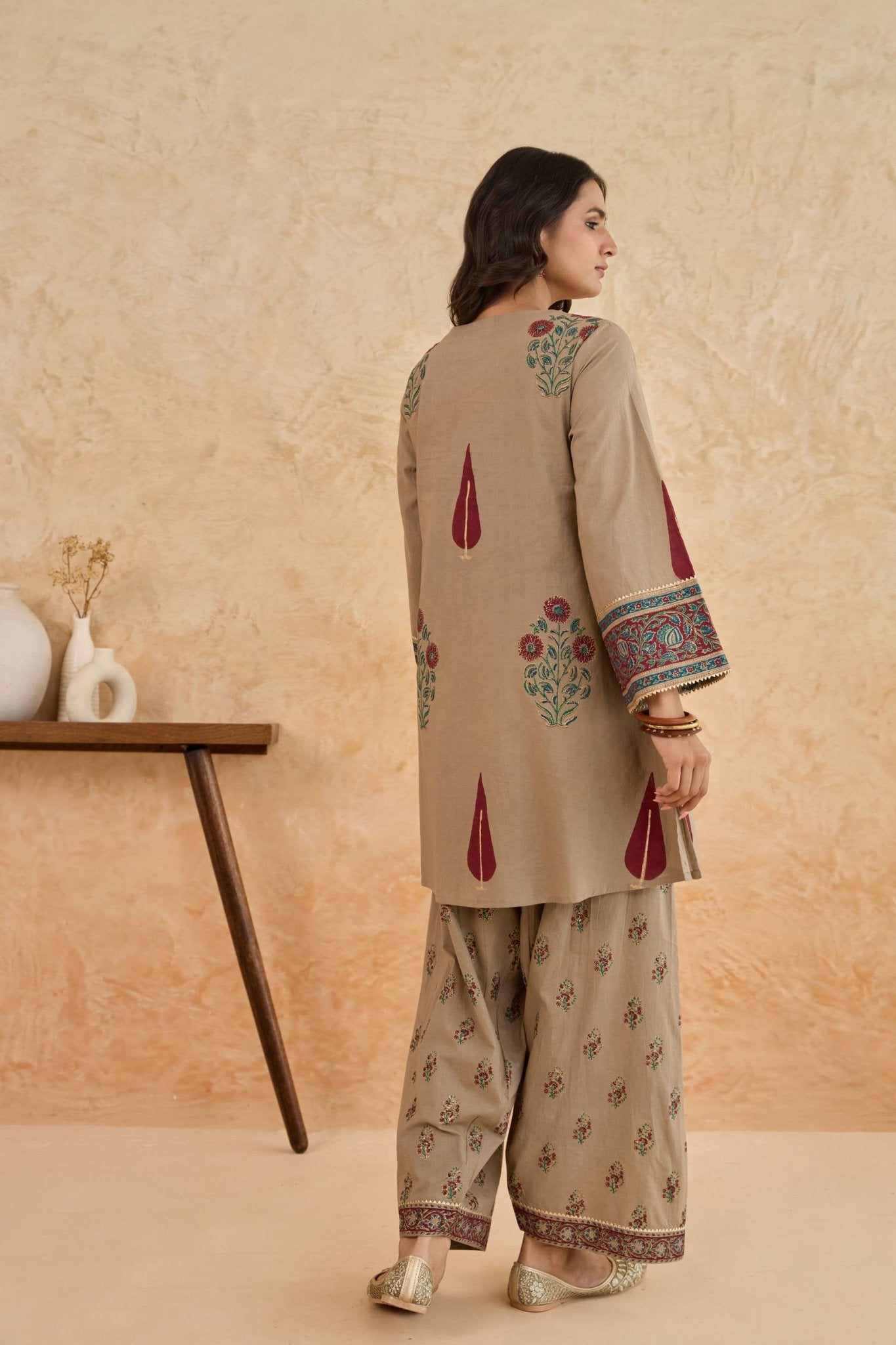Khaki Leaf Print Cotton Farsi Salwar Co-ord Set - Tara-C-Tara