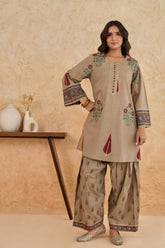 Khaki Leaf Print Cotton Farsi Salwar Co-ord Set - Tara-C-Tara
