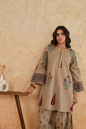 Khaki Leaf Print Cotton Farsi Salwar Co-ord Set - Tara-C-Tara