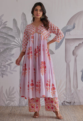 Lilac Floral Printed Anarkali Suit Set - Tara - C - Tara