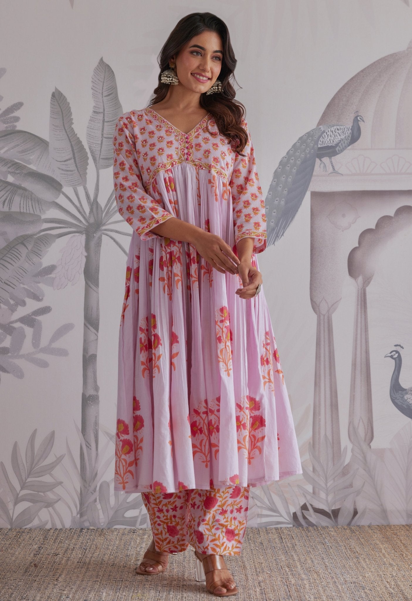 Lilac Floral Printed Anarkali Suit Set - Tara - C - Tara