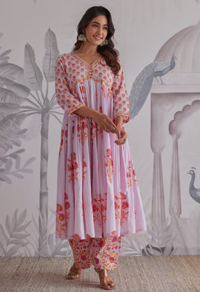 Lilac Floral Printed Anarkali Suit Set - Tara - C - Tara