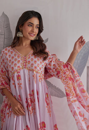 Lilac Floral Printed Anarkali Suit Set - Tara - C - Tara