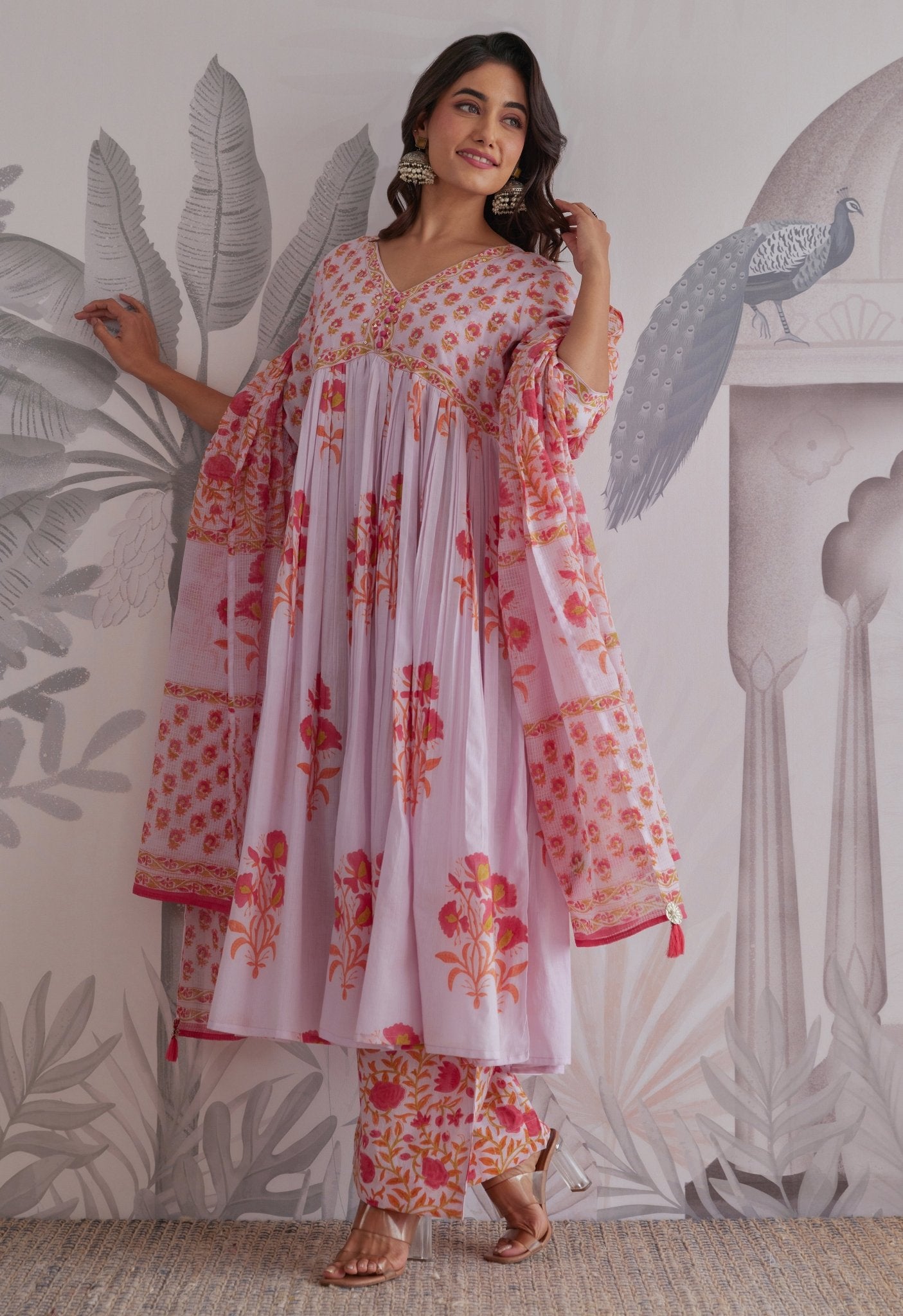 Lilac Floral Printed Anarkali Suit Set - Tara - C - Tara