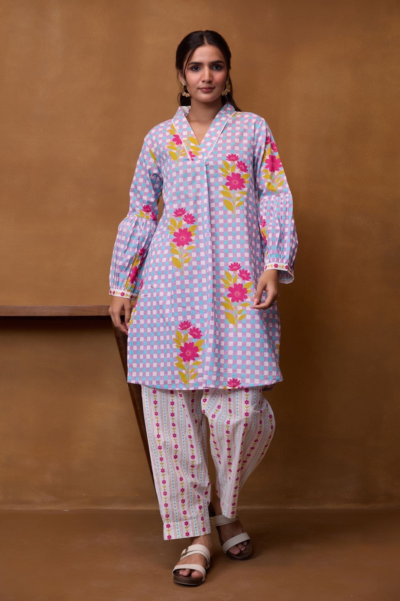 Lilac Gingham Floral Co-ord Set - Tara-C-Tara