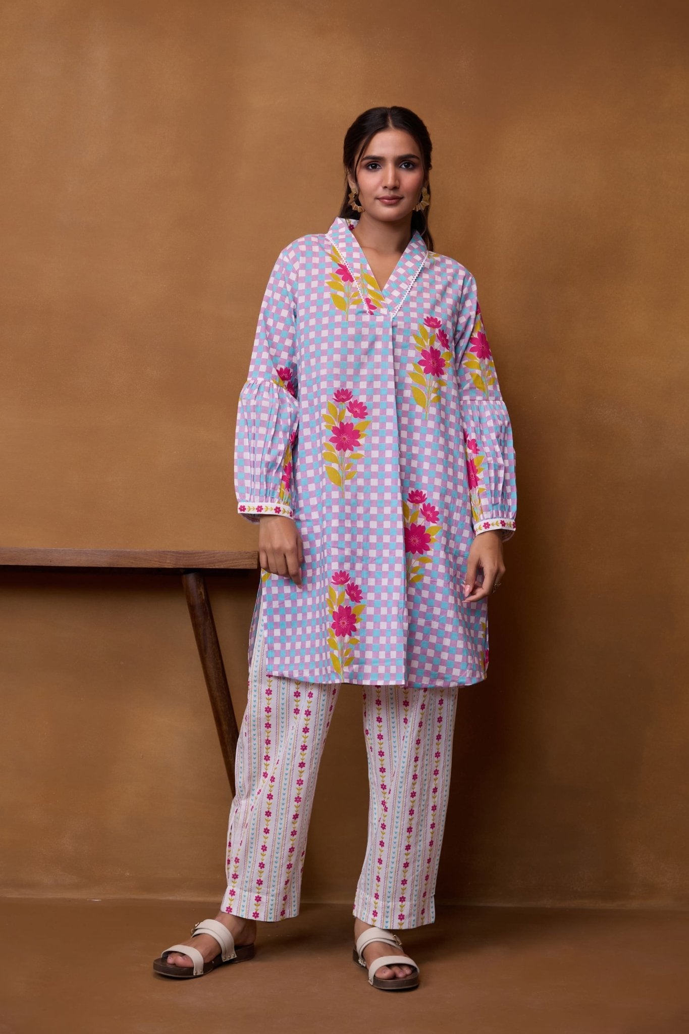 Lilac Gingham Floral Co-ord Set - Tara-C-Tara