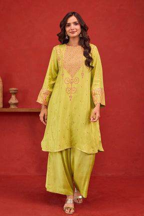 Lime Green Bandhani Print Embroidered Art Silk Co-ord Set - Tara-C-Tara