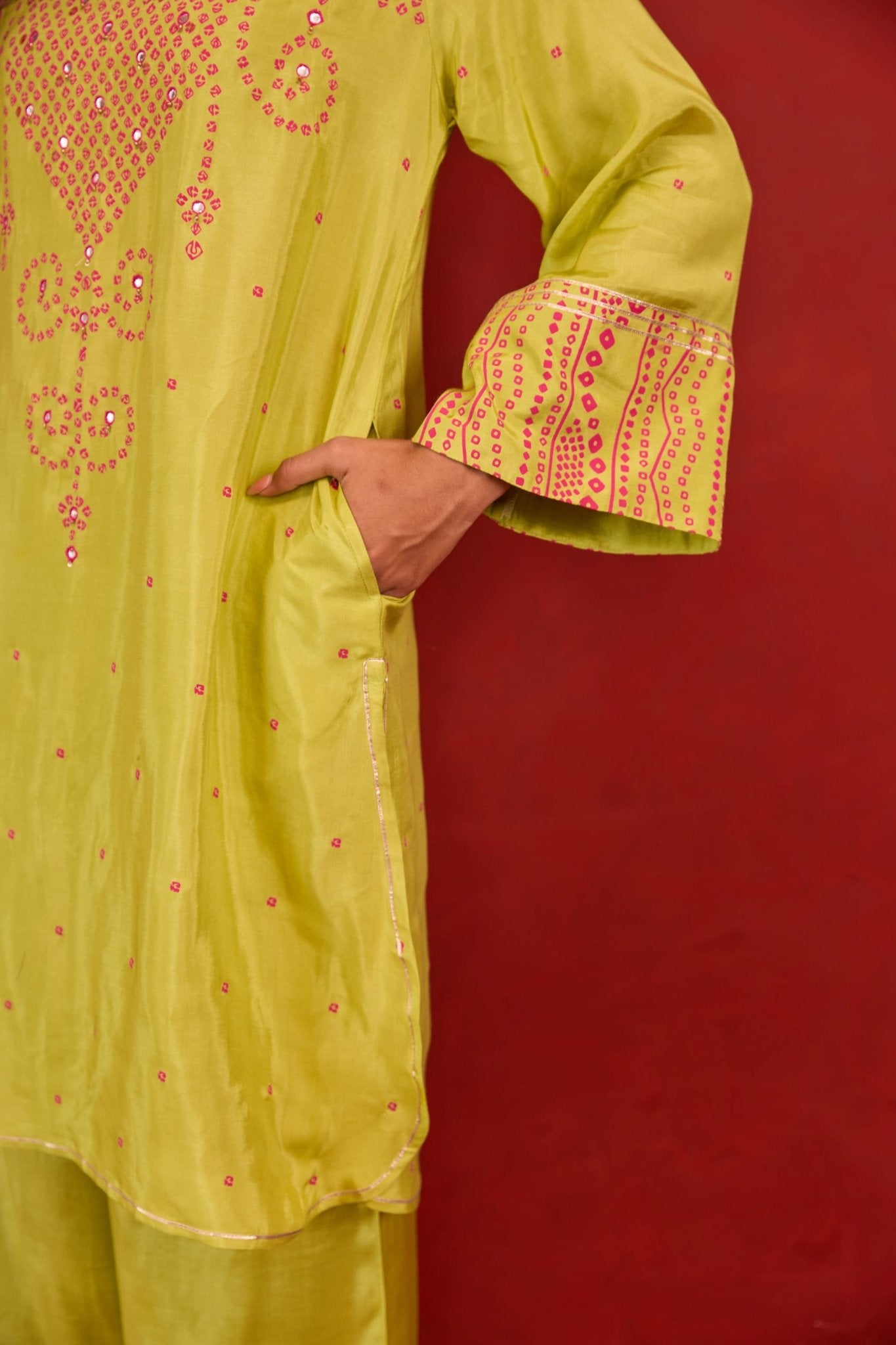 Lime Green Bandhani Print Embroidered Art Silk Co-ord Set - Tara-C-Tara