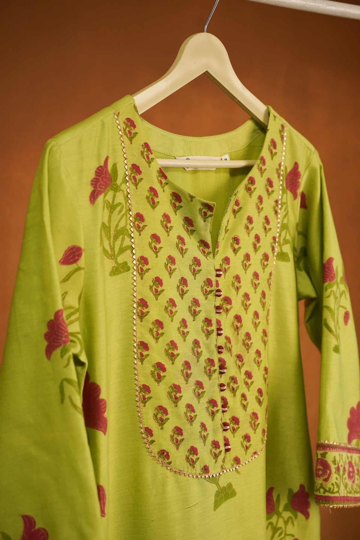 Lime Green Floral Hand Block Printed Chanderi Silk Kurta - Tara-C-Tara