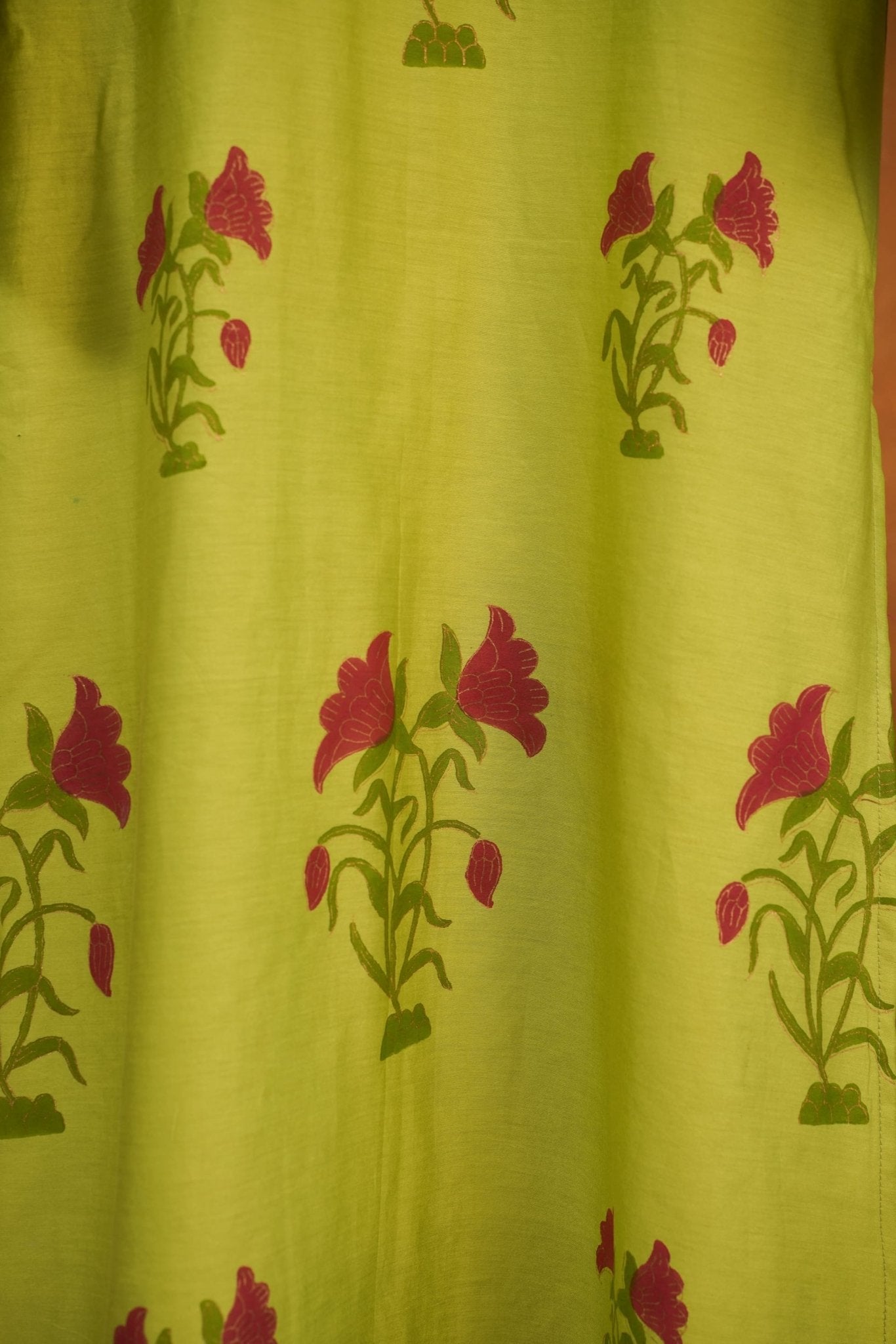 Lime Green Floral Hand Block Printed Chanderi Silk Kurta - Tara-C-Tara