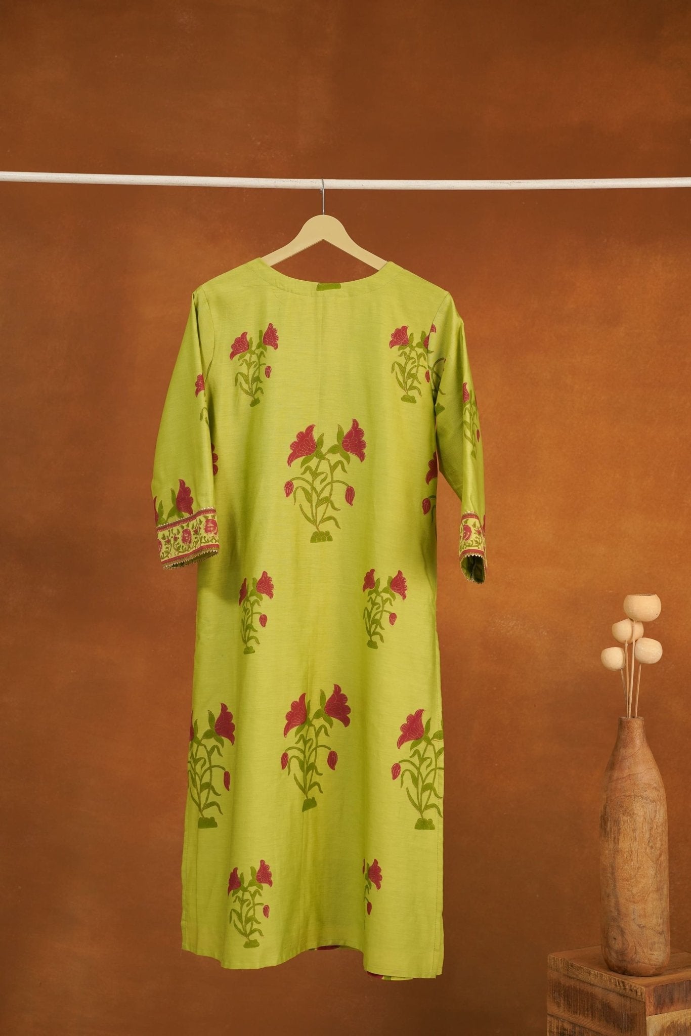 Lime Green Floral Hand Block Printed Chanderi Silk Kurta - Tara-C-Tara