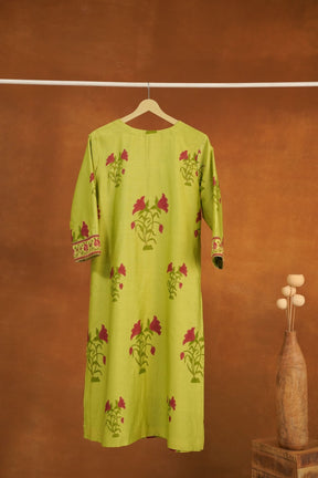 Lime Green Floral Hand Block Printed Chanderi Silk Kurta - Tara-C-Tara