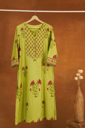 Lime Green Floral Hand Block Printed Chanderi Silk Kurta - Tara-C-Tara