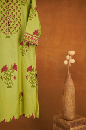 Lime Green Floral Hand Block Printed Chanderi Silk Kurta - Tara-C-Tara