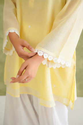 Lime Yellow Doriya Sweet Heart Kurta With farshi Salwar - Tara - C - Tara