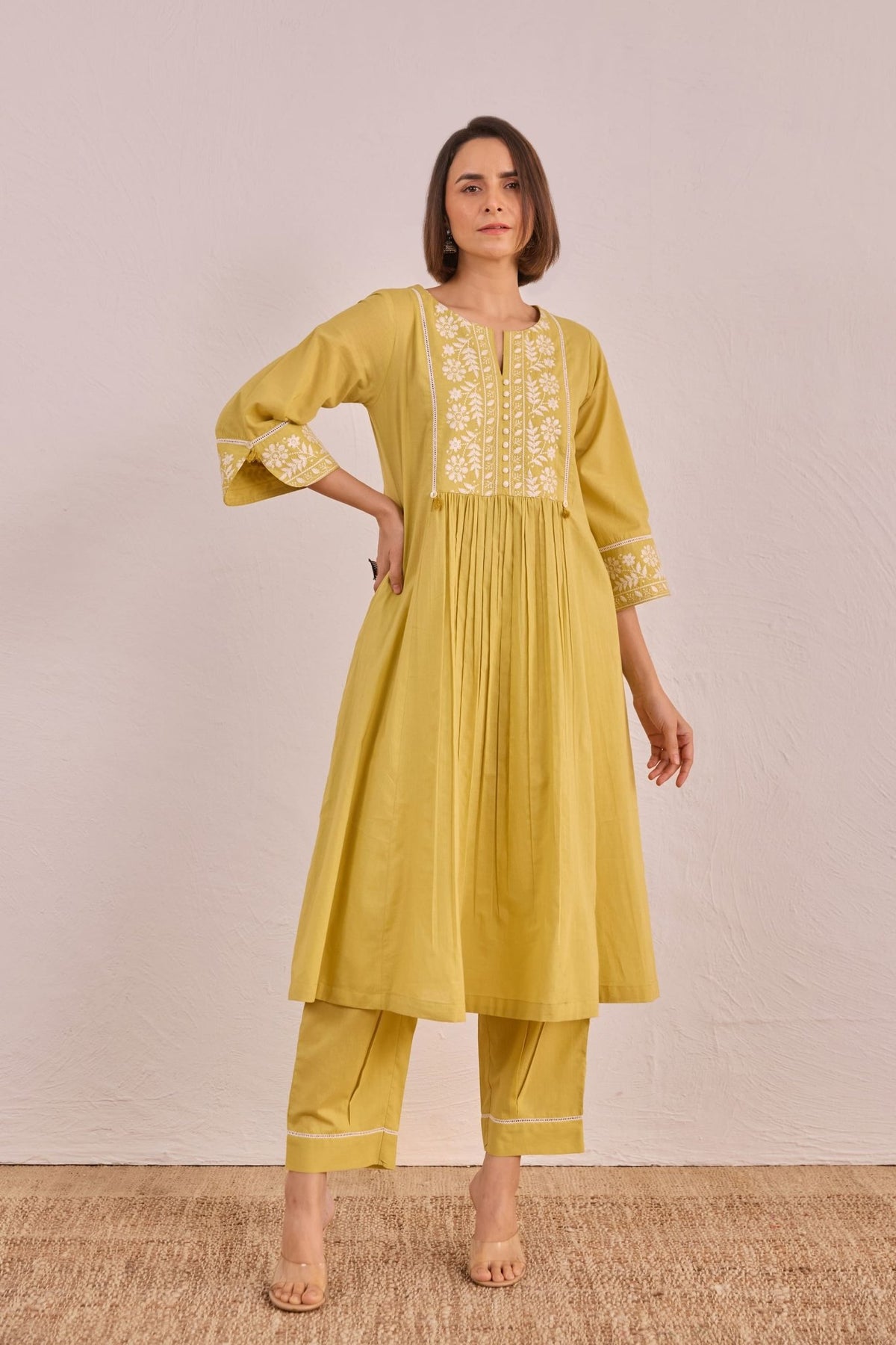 Lime Yellow Floral Embroidered Co - ord Set - Tara - C - Tara