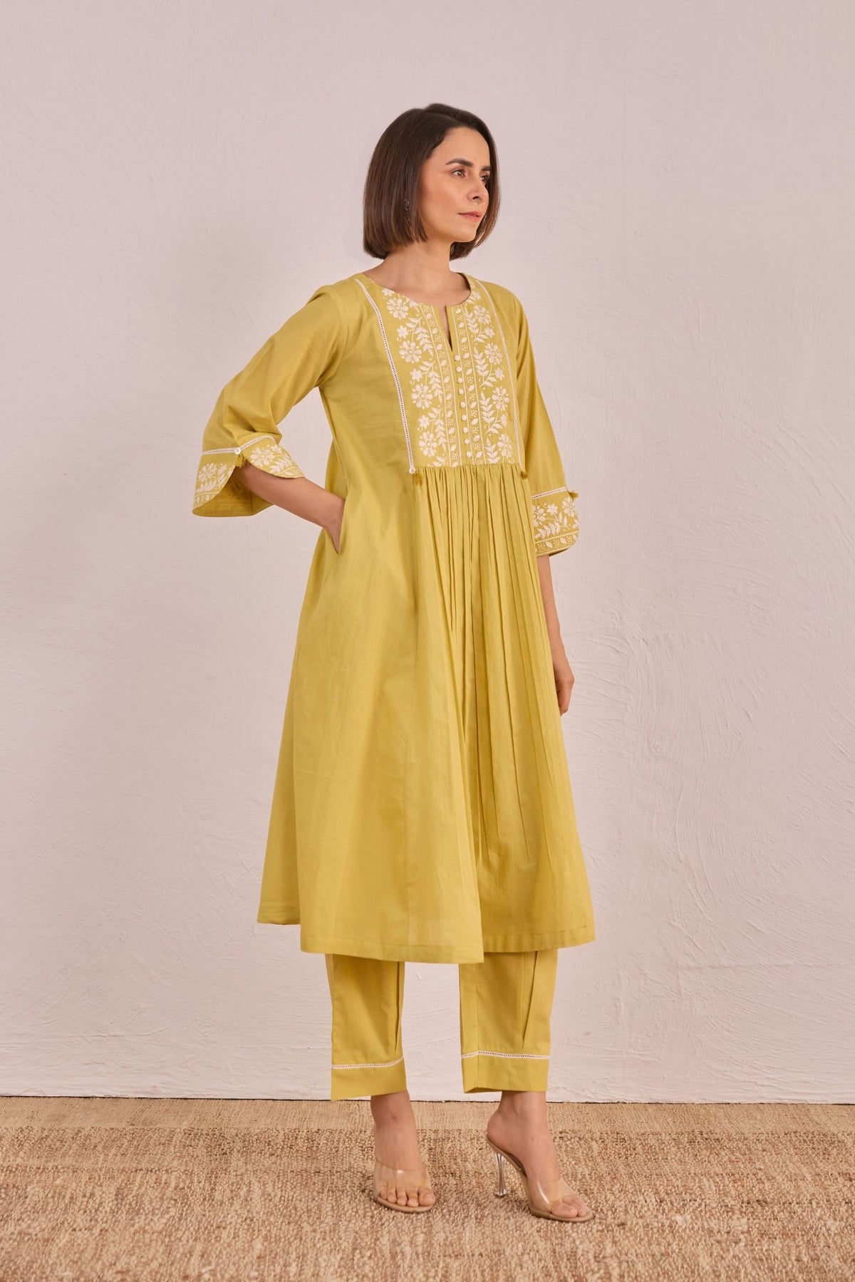 Lime Yellow Floral Embroidered Co - ord Set - Tara - C - Tara