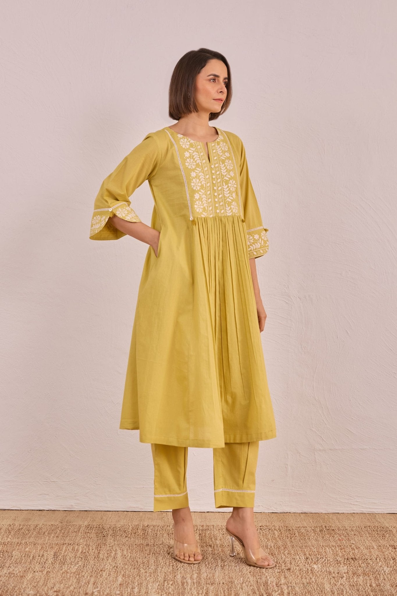 Lime Yellow Floral Embroidered Co - ord Set - Tara - C - Tara