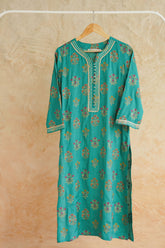 Green Floral Printed Art Silk Kurta