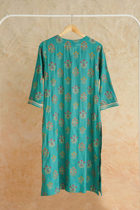 Green Floral Printed Art Silk Kurta