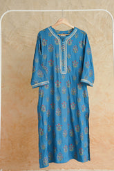 Blue Floral Printed Art Silk Kurta