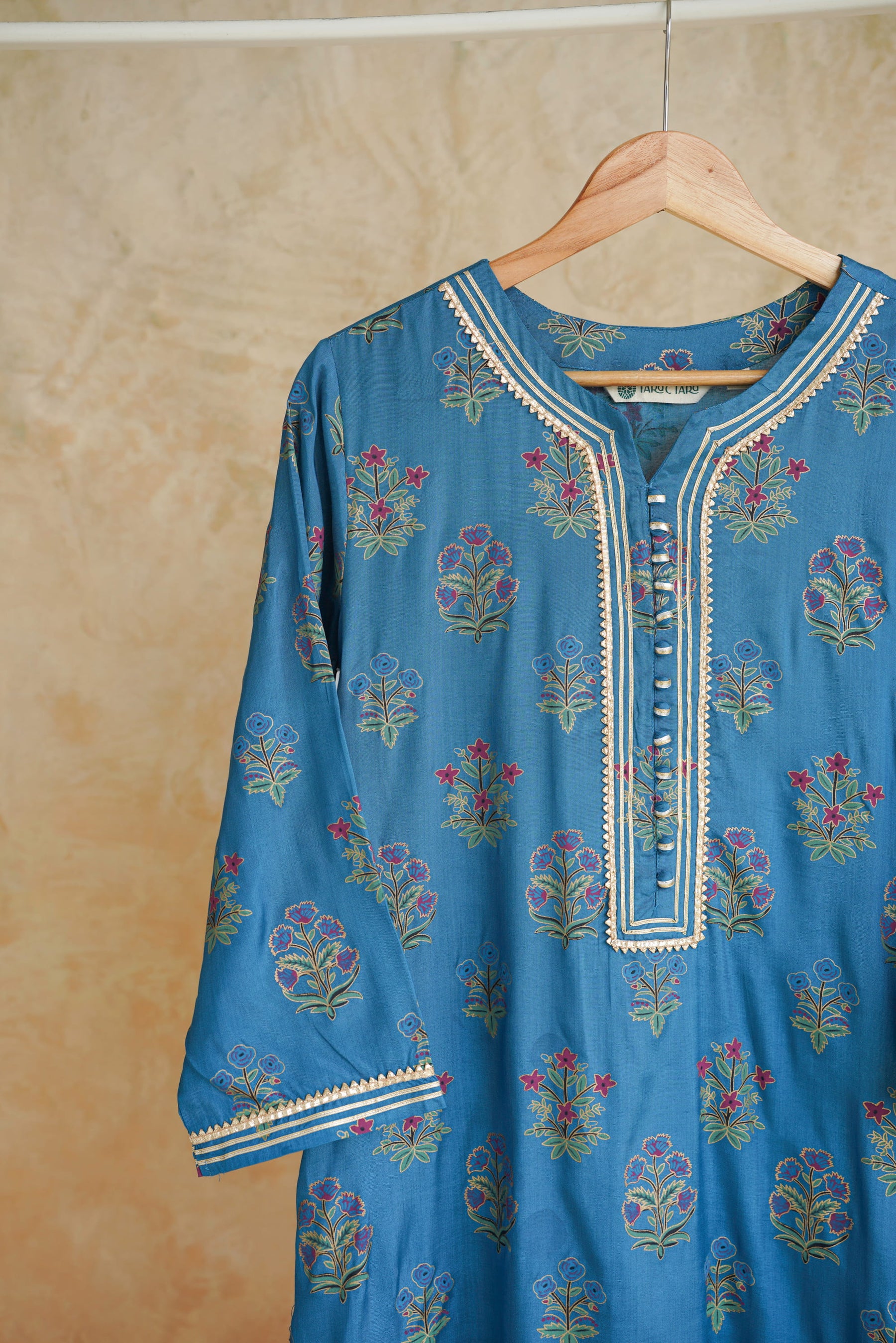 Blue Floral Printed Art Silk Kurta