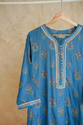 Blue Floral Printed Art Silk Kurta