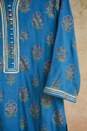 Blue Floral Printed Art Silk Kurta