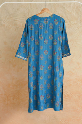 Blue Floral Printed Art Silk Kurta