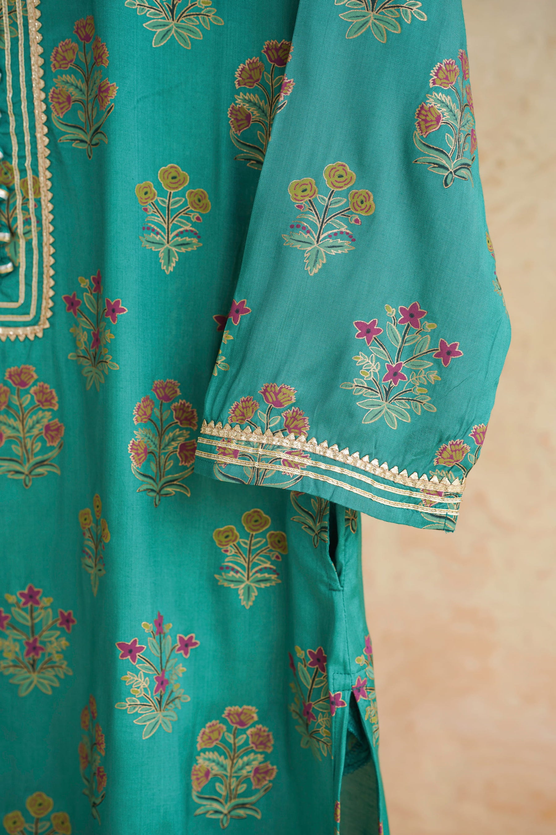 Green Floral Printed Art Silk Kurta
