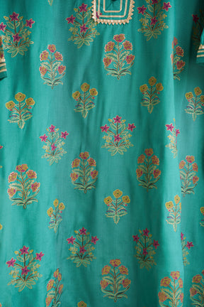 Green Floral Printed Art Silk Kurta