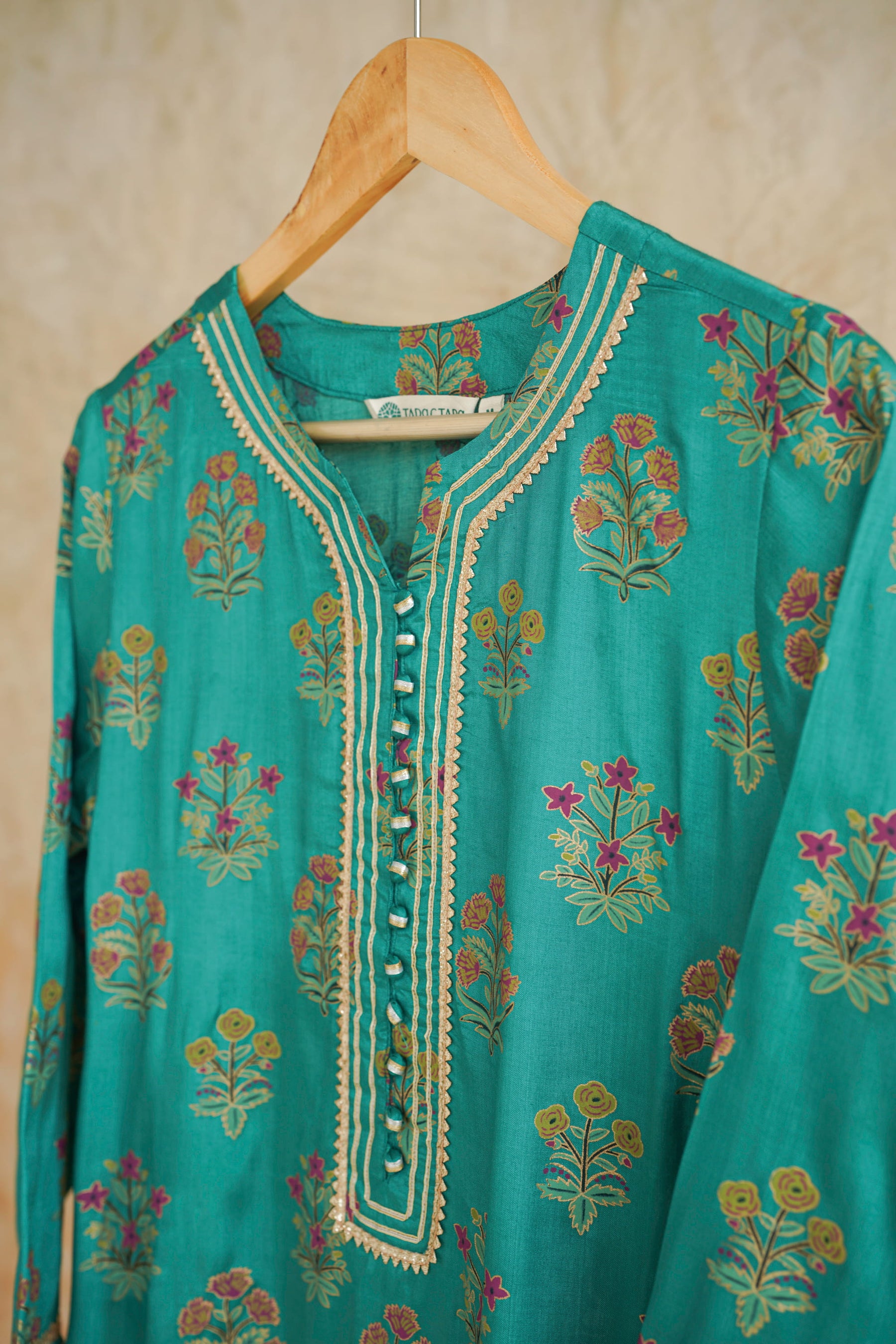 Green Floral Printed Art Silk Kurta