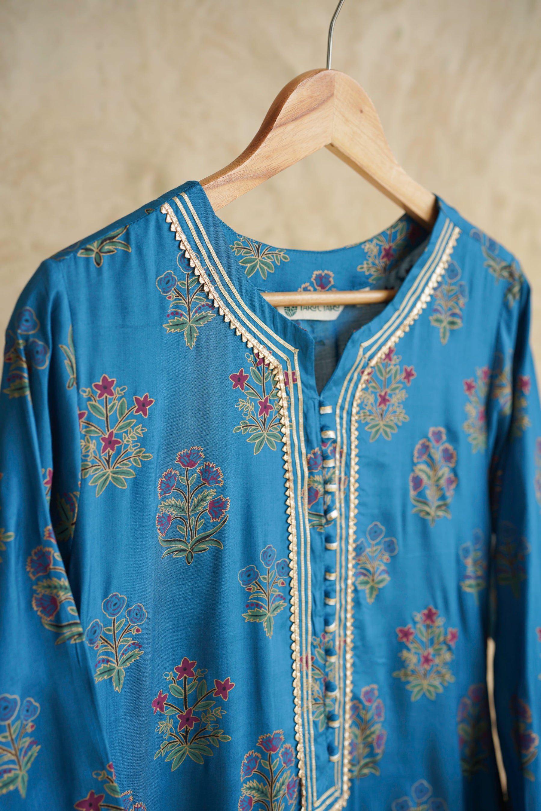 Blue Floral Printed Art Silk Kurta