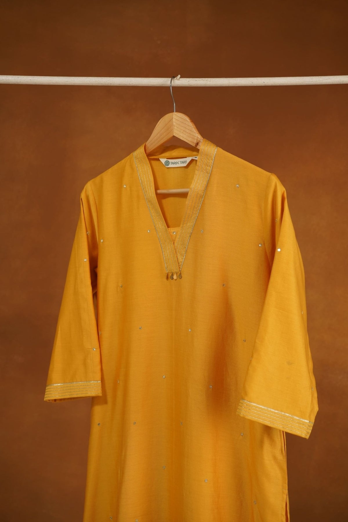 Marigold Yellow Chanderi Silk Sequins Embroirdered Long Kurta - Tara-C-Tara