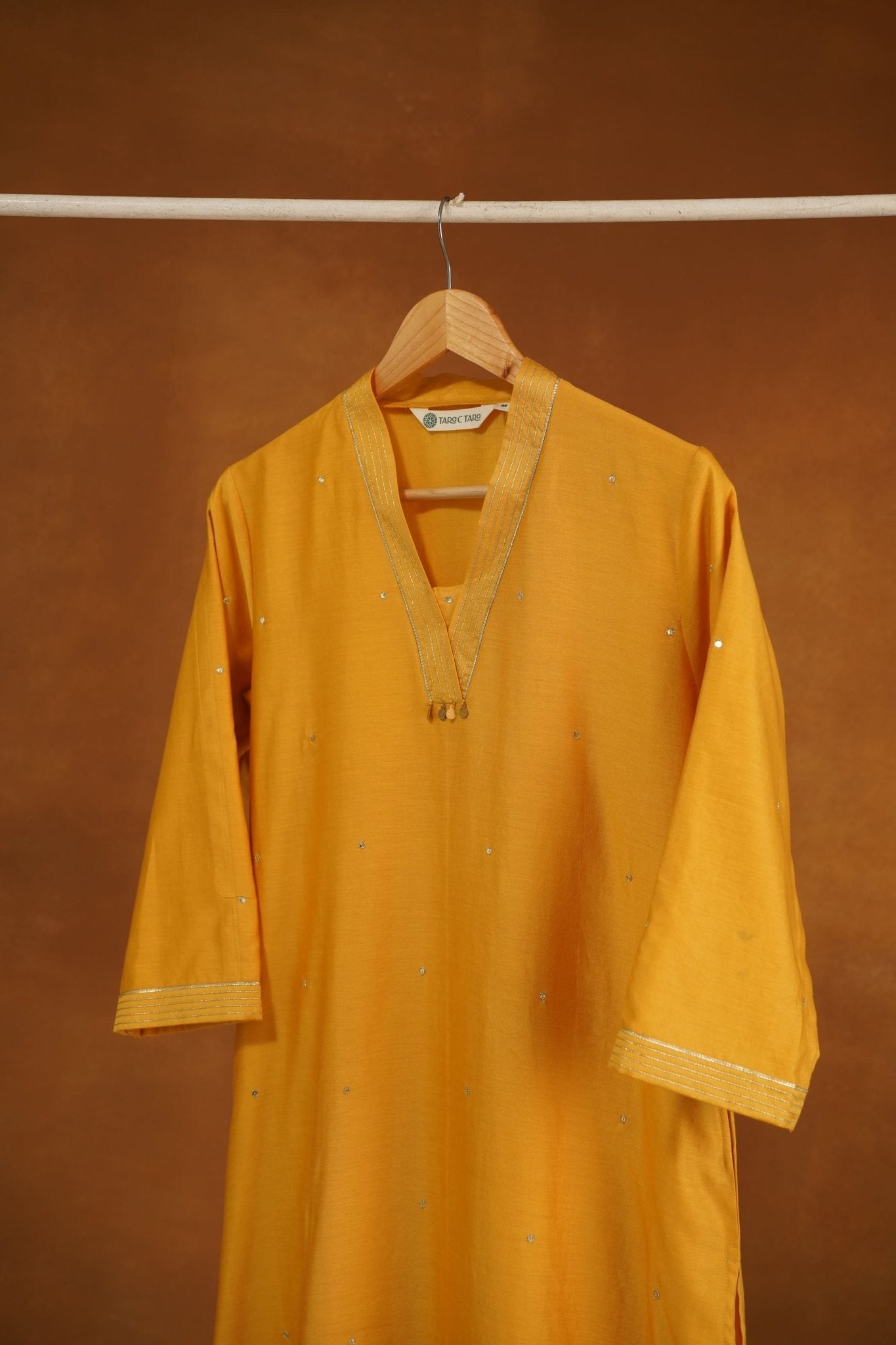 Marigold Yellow Chanderi Silk Sequins Embroirdered Long Kurta - Tara-C-Tara