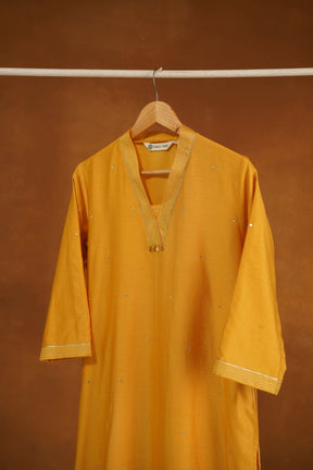 Marigold Yellow Chanderi Silk Sequins Embroirdered Long Kurta - Tara-C-Tara