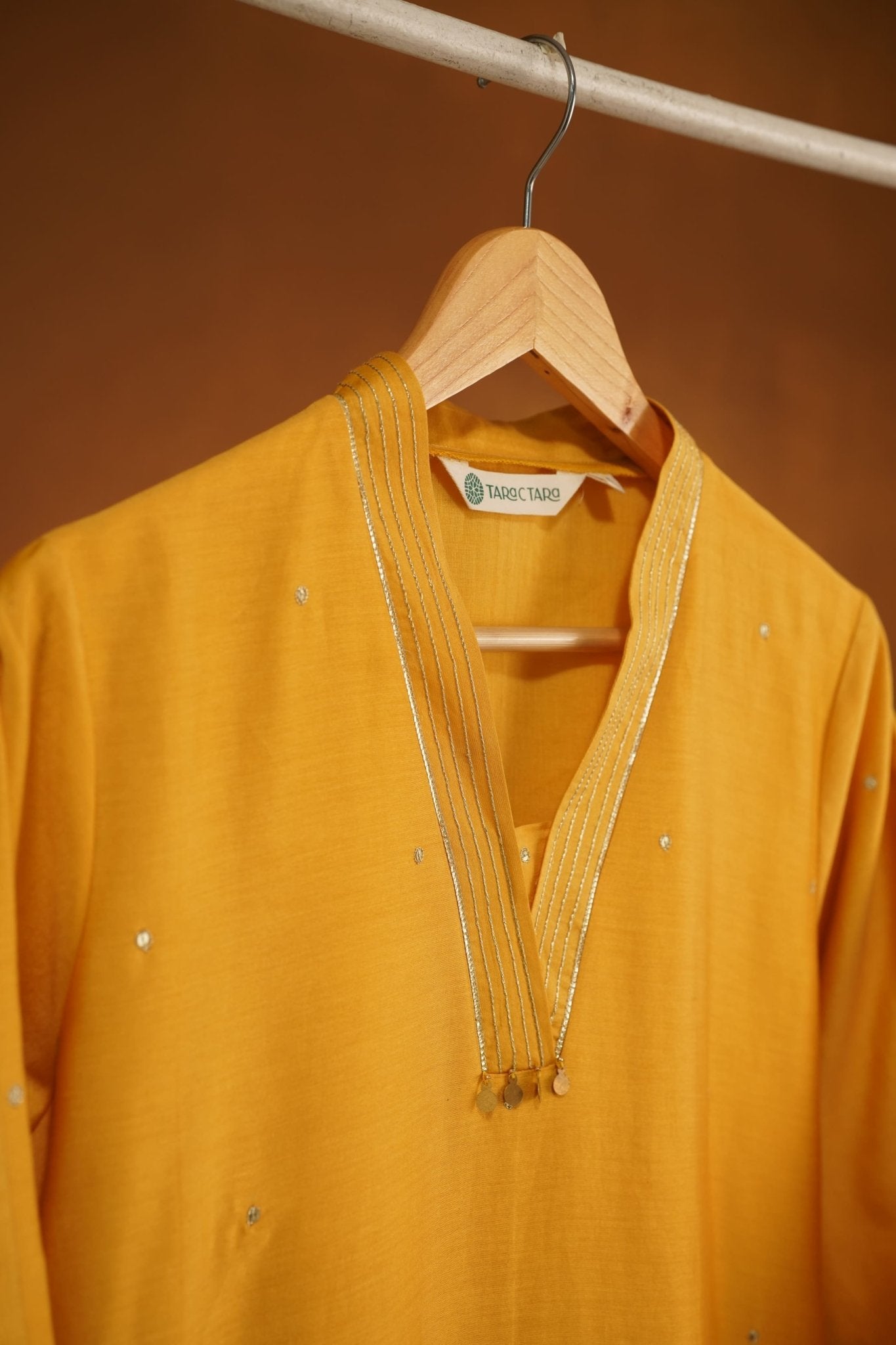 Marigold Yellow Chanderi Silk Sequins Embroirdered Long Kurta - Tara-C-Tara