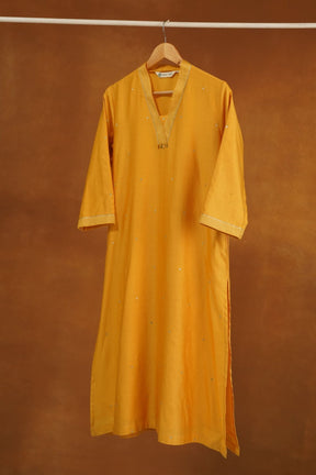 Marigold Yellow Chanderi Silk Sequins Embroirdered Long Kurta - Tara-C-Tara