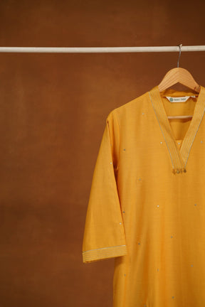 Marigold Yellow Chanderi Silk Sequins Embroirdered Long Kurta - Tara-C-Tara