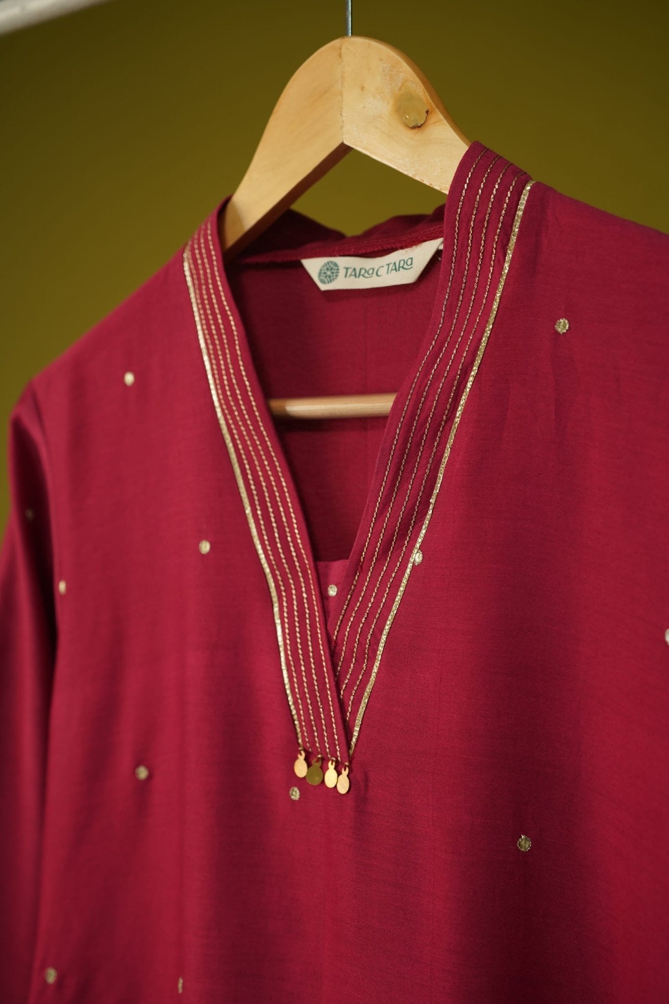 Maroon Chanderi Silk Sequins Embroirdered Long Kurta - Tara-C-Tara