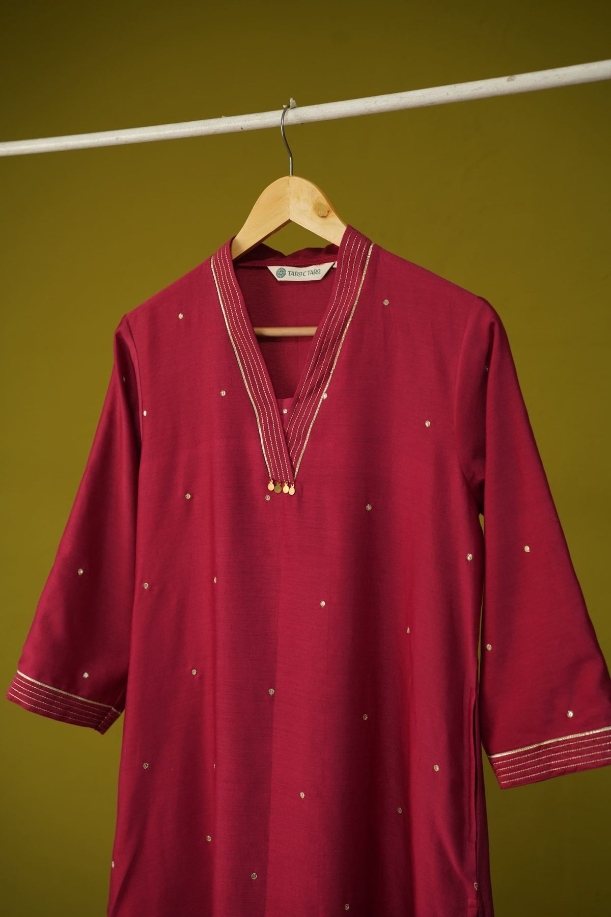 Maroon Chanderi Silk Sequins Embroirdered Long Kurta - Tara-C-Tara