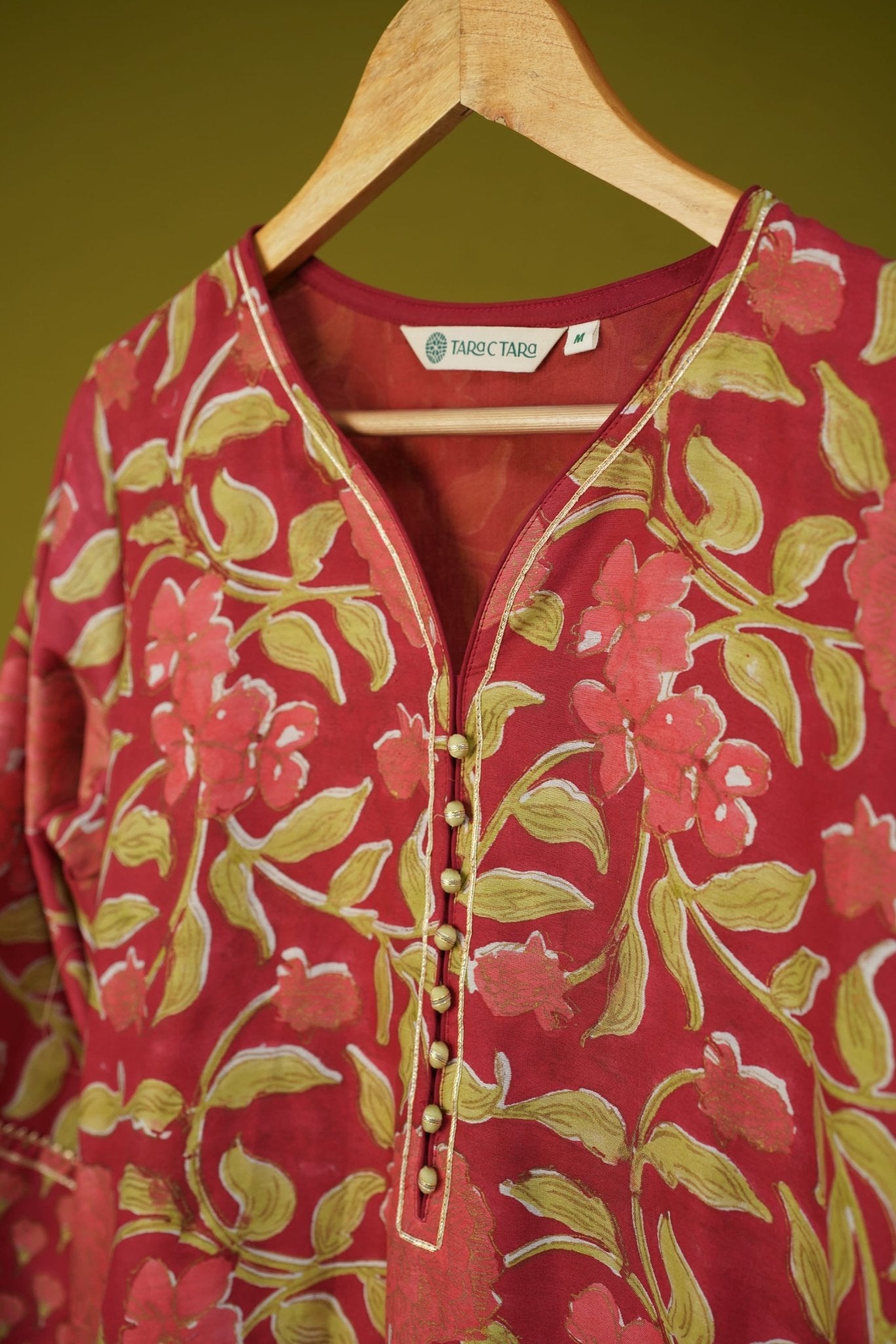 Maroon Floral Hand Block Printed Chanderi Silk Kurta - Tara-C-Tara