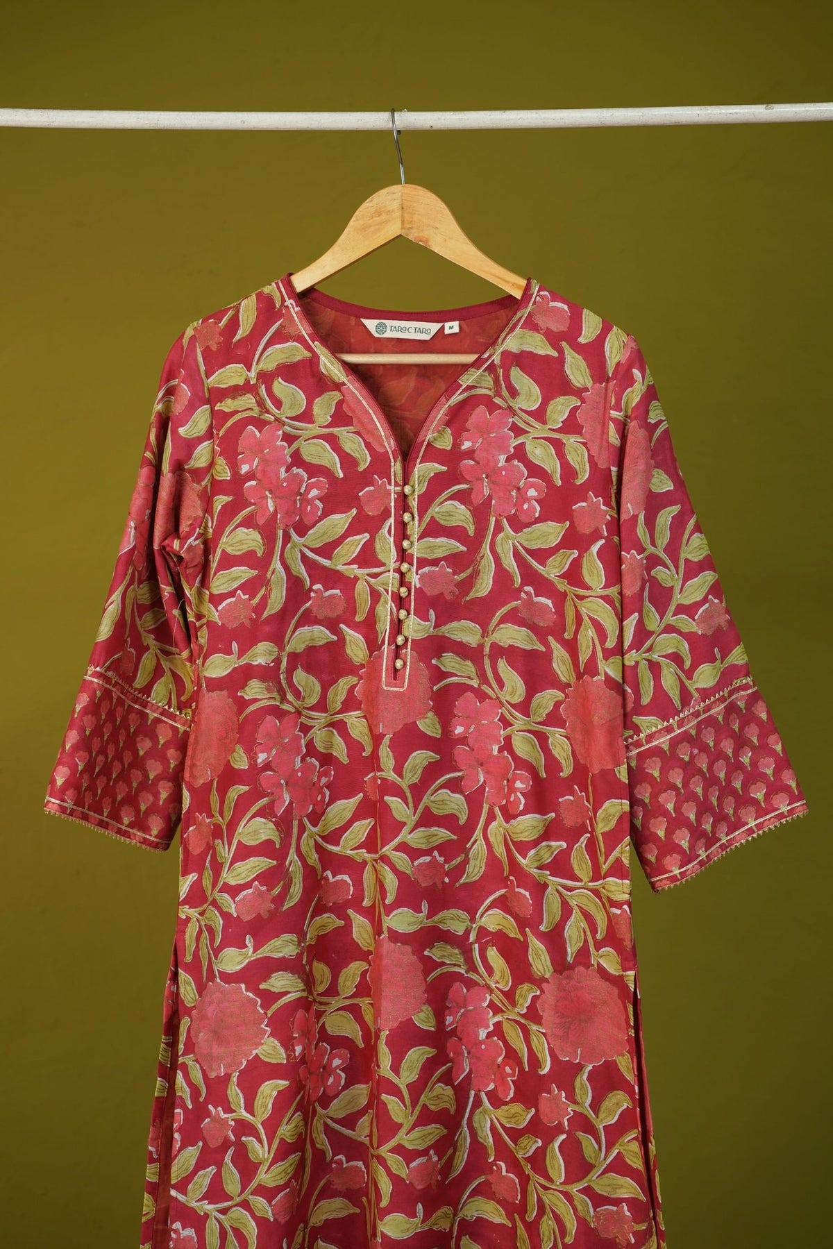 Maroon Floral Hand Block Printed Chanderi Silk Kurta - Tara-C-Tara