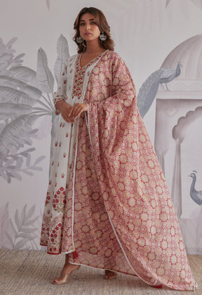 Maroon Floral Printed Long Anarkali Dress With Dupatta - Tara - C - Tara